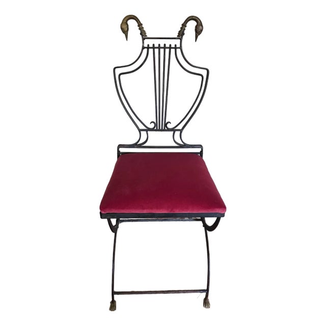 Maison Jansen Style Brass Swan and Black Lyre Back Folding Chair With Paw Feet For Sale
