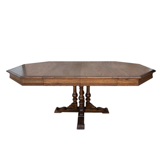 1980s Ethan Allan Charter Oak Jacobean Dining Room Pedestal Table For Sale - Image 10 of 14