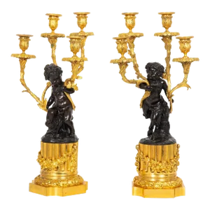 Pair of French Antique Four-Light "Satyr & Bacchante" Candelabra After Clodion