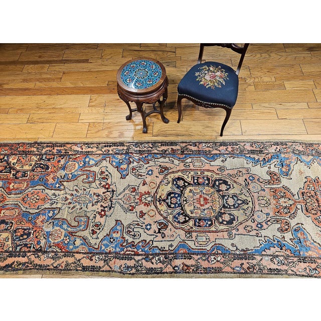 Persian Antique Persian Malayer Runner Rug, Hand-Knotted Wool, Geometric Pattern, 4x20, Ivory & Blue For Sale - Image 3 of 14