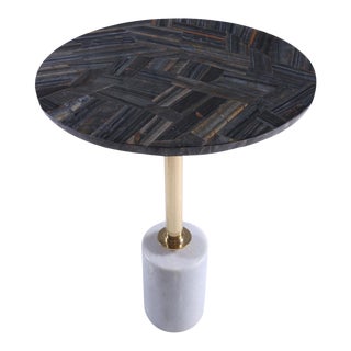 Blue Tiger Eye Side Stone Tabletop With Brass Finish Leg and Marble Base For Sale