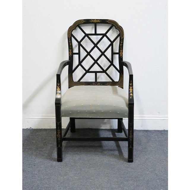 Chinoiserie Kindel Furniture Black & Gold Chinese Chippendale Style Lattice Back Dining Arm Chair For Sale - Image 3 of 10