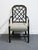 Chinoiserie Kindel Furniture Black & Gold Chinese Chippendale Style Lattice Back Dining Arm Chair For Sale - Image 3 of 10