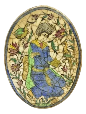 Antique Persian Iznik Qajar Style Ceramic Pottery Oval Tile Blue Figure Birds C3