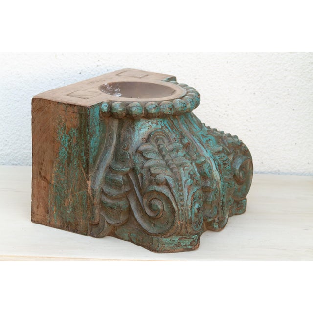 Finely Carved Turquoise Blue Teak Capital For Sale In Los Angeles - Image 6 of 8
