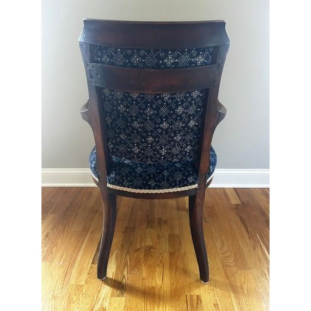 Early 20th Century Antique Blue and White Batik Upholstered English Wood Accent Chair For Sale - Image 5 of 16