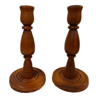 Pair of Hand Turned Vintage Wooden Candle Stick Holders With Velvet Bottoms For Sale
