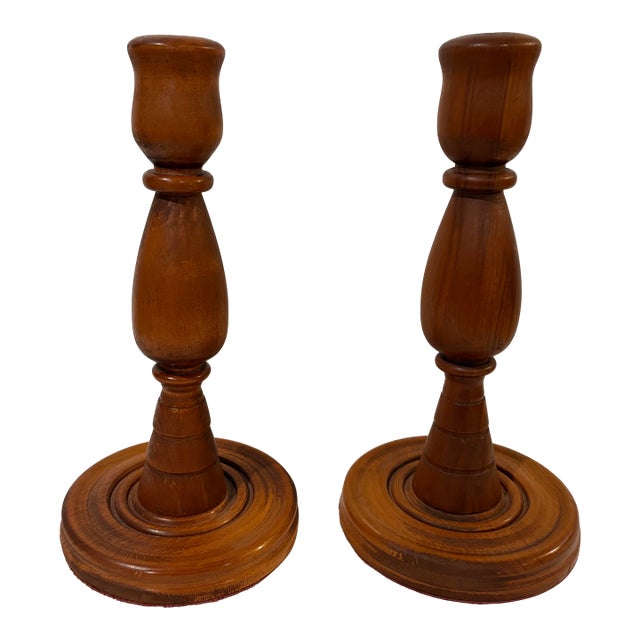 Pair of Hand Turned Vintage Wooden Candle Stick Holders With Velvet Bottoms For Sale