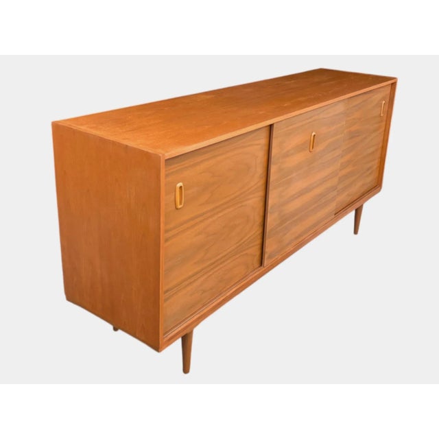Danish Modern Scandinavian Walnut Credenza – Sliding Doors, Recessed Pulls, Restored For Sale - Image 4 of 14