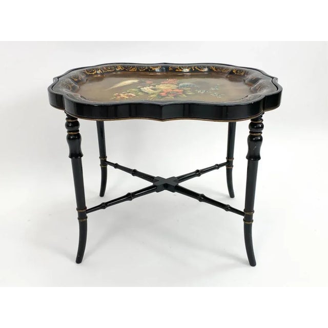 19th Century 19th Century Polychrome Black Lacquer Tole Tray Table For Sale - Image 5 of 12