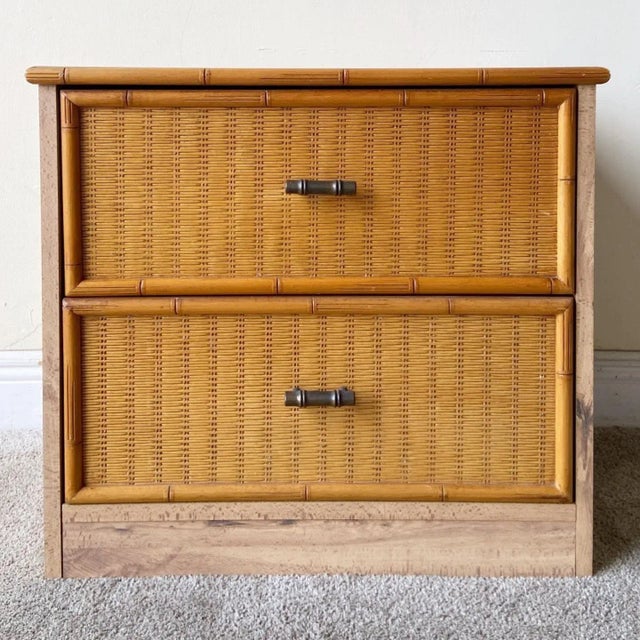 Wood Boho Chic Wood Grain Laminate Faux Bamboo & Wicker Nightstand For Sale - Image 7 of 7