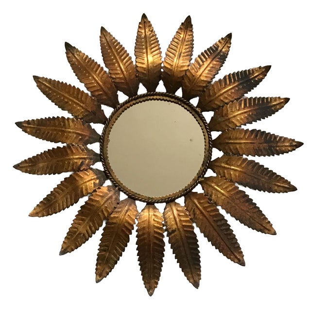 Metal Vintage Italian Iron Mirror With Oak Tree Leaves Shaped Sunburst Braiding Detail Frame Around the Mirror For Sale - Image 7 of 8