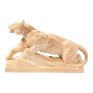 Art Deco Pale Terracotta Ceramic Sculpture of Stylized Pouncing Tiger