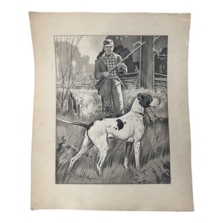 1940s Original Signed Graphite Illustration of Bird Dog and Hunter in Forest, 13.25 In. H × 11 In. W For Sale