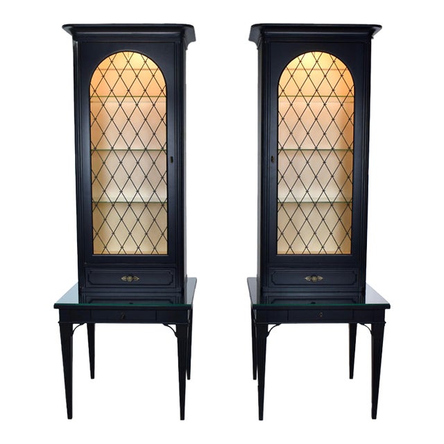 Louis XVI French Ebonized Bookcase Vitrine Cabinets, Baker Furniture, 1960's For Sale