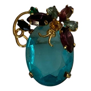 Vintage Czcho Signed Brooch Rhinestone Butterfly on Czech Glass Cabochon 1.25" For Sale