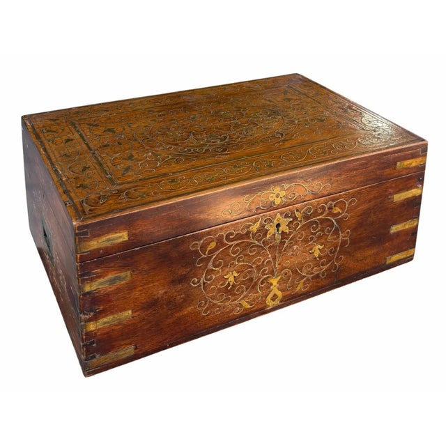 Traditional Antique Brass Inlaid Wooden Dressing Vanity Travel Box For Sale - Image 3 of 6