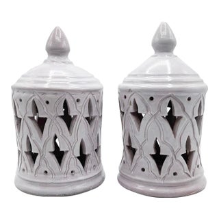 Handcrafted Moroccan Glazed Terracotta Pierced Lanterns - a Pair For Sale