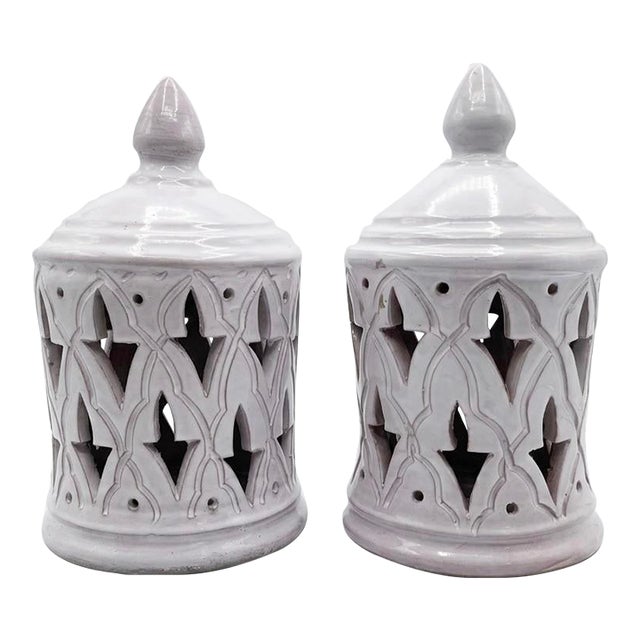 Handcrafted Moroccan Glazed Terracotta Pierced Lanterns - a Pair For Sale