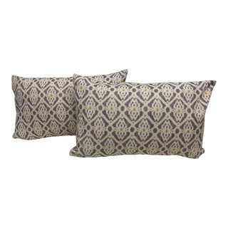 Pair of Large Bolster Pillows With a Classic Geometric Pattern in Purplish Gray & Yellow - Made in Uk. For Sale