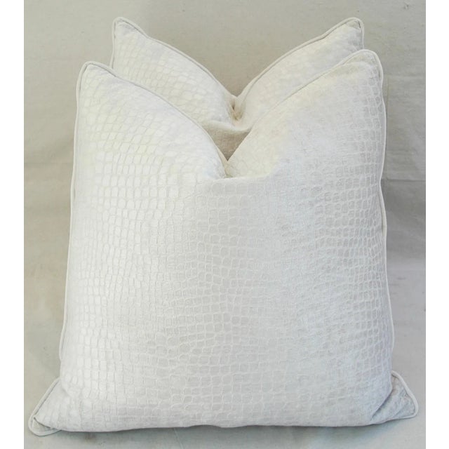 Boho Chic Ultra Bone White Crocodile Velvet Feather/Down Pillows 24" Square - Pair For Sale In Los Angeles - Image 6 of 12