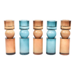 Glass Candlesticks or Votives, Amber Brown and Teal Turquoise Set of 5 For Sale