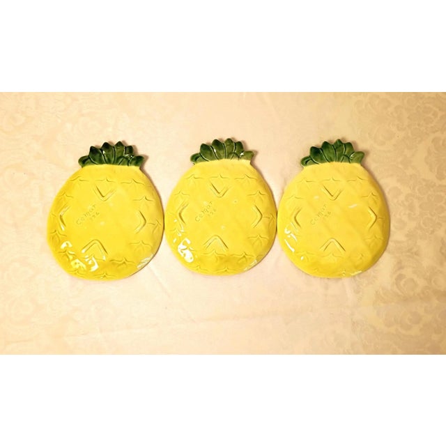 Art Deco Cemar Clay Products California Pottery Pineapple Plates Set of 3 Yellow Chartreuse Mid Century Salad Dishes For Sale - Image 3 of 4