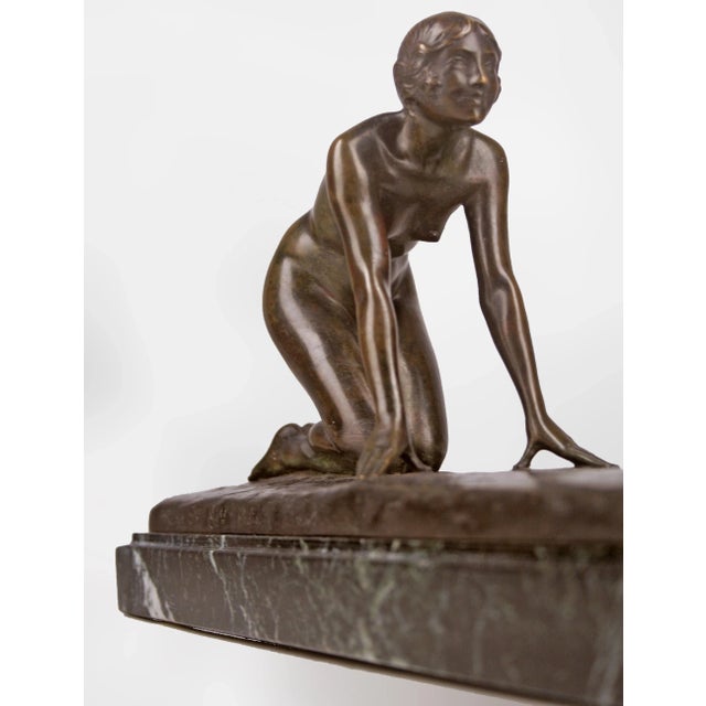 Susse Freres Art Déco Patinated Bronze Sculpture of a Girl and a Jumping Goat With Marble Base by Paul Silvestre for Susse Frères For Sale - Image 4 of 11