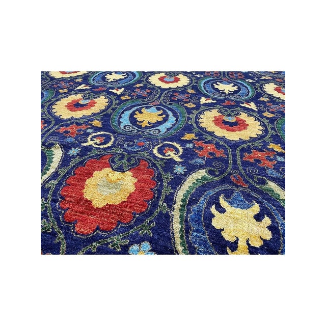 Blue 1990s Handwoven Transitional Suzani Area Rug 10x13 For Sale - Image 8 of 8
