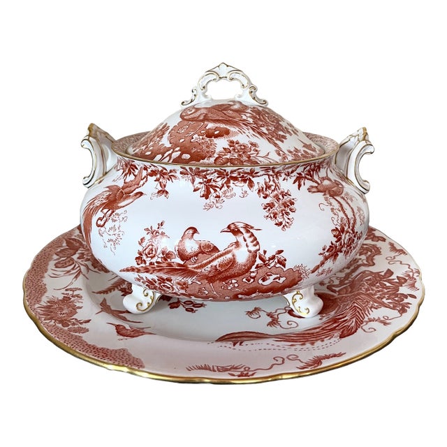 Vintage Royal Crown Derby English Bone China Red Aves Soup Tureen & Under Plate For Sale