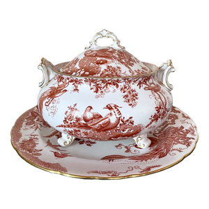 Vintage Royal Crown Derby English Bone China Red Aves Soup Tureen & Under Plate