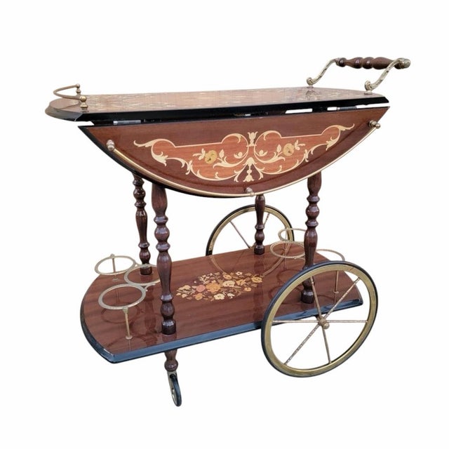 Vintage Italian Marquetry Two Tier Drop-Leaf Dessert/Bar Cart Trolley For Sale - Image 10 of 12