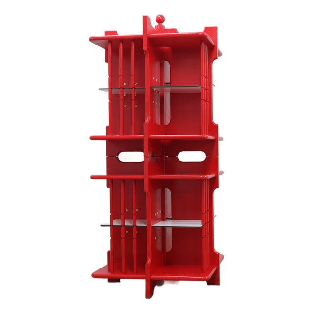 Vintage Italian Red Lacquered Wood Bookshelf, 1960s For Sale