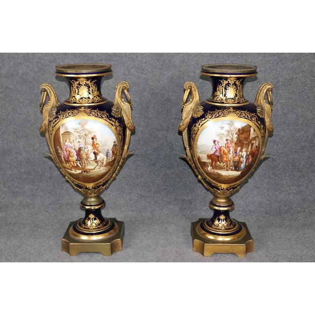 Palatial 19th Century French Cobalt Blue Porcelain Vases - Attributed to Sèvres (Pair) For Sale - Image 4 of 15