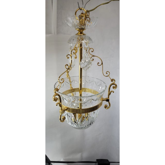 Metal 1990s Vintage Brass & Crystal Bell-Jar Chandelier Pendant Foyer Light For Sale - Image 7 of 12