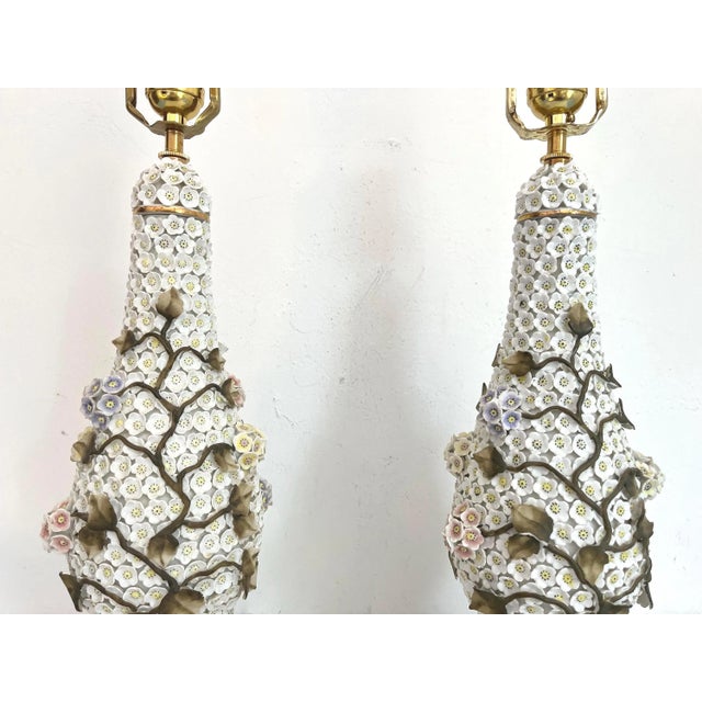 Metal 1950s Applied Floral Porcelain Tree of Life Lamps, Pair For Sale - Image 7 of 18