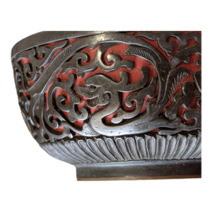 Antique Chinese Cinnabar Lacquered Bowl With Dragon and Clouds Motif