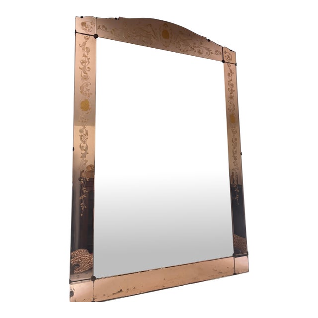 Large Vintage Venetian Peach Glass Etched Floral Wall Mirror For Sale