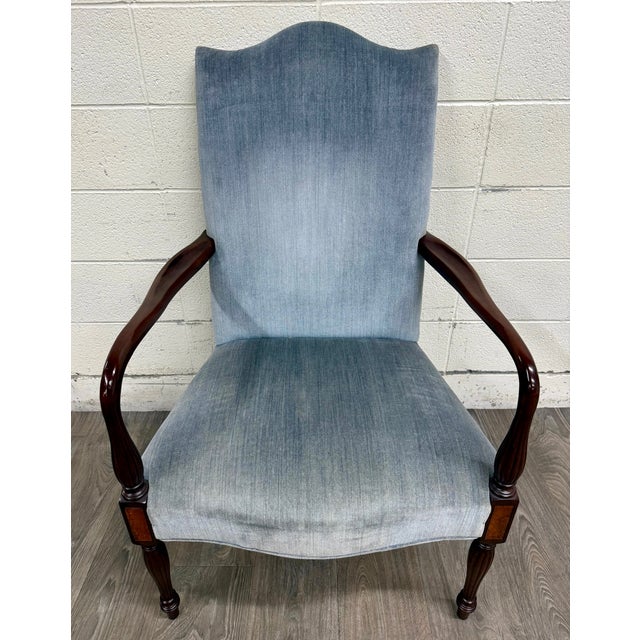 This is a beautiful vintage Federal style inlaid mahogany and burled (perhaps satinwood) lolling chair or arm chair with...