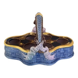French Majolica Ceramic Egg Holder Basket, 19th Century For Sale