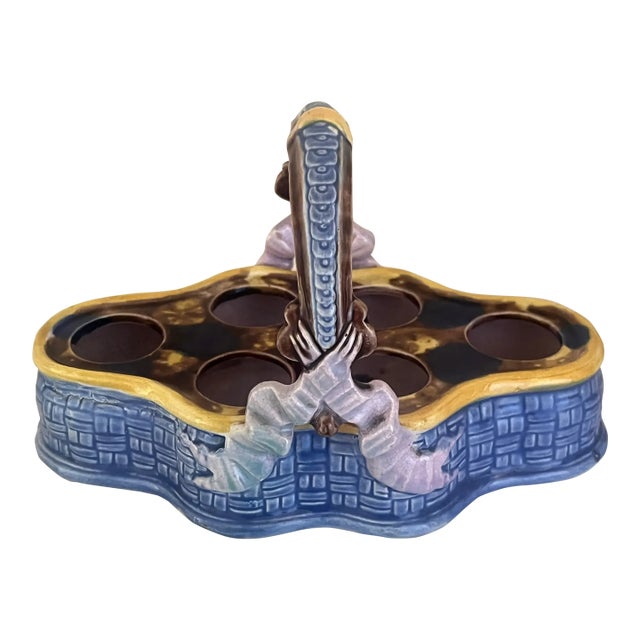 French Majolica Ceramic Egg Holder Basket, 19th Century For Sale