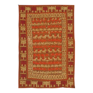 Antique Textile Tapestry With Elephant, Horses, People, Animals & Trees 4'11 X 7'4 For Sale