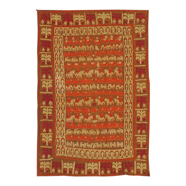 Antique Textile Tapestry With Elephant, Horses, People, Animals & Trees 4'11 X 7'4 For Sale