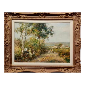 Henri Plisson -Women W/Parasol on a Countryside Road Sunday -Oil Painting