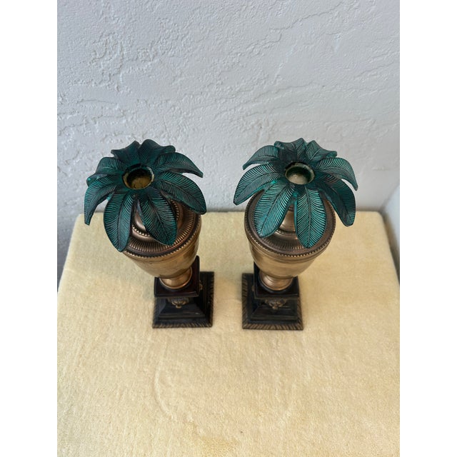 Coastal Pair of Vintage Brass Urn Style Candle Holders Palm Tree Style For Sale - Image 3 of 8