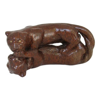 Antique Asian Hand-Carved Hardwood Panthers Sculpture, C. 1900–1930 For Sale