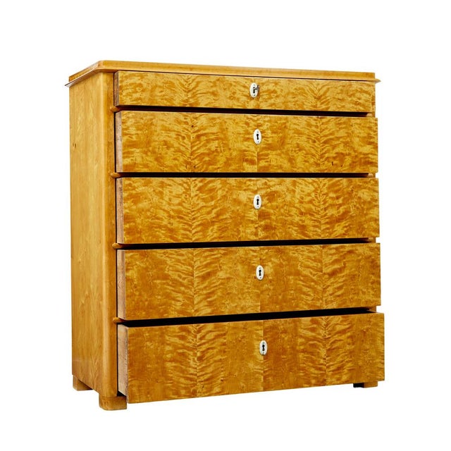 19th century swedish flame birch chest of drawers circa 1880. fine quality swedish chest with flame birch veneered drawer...