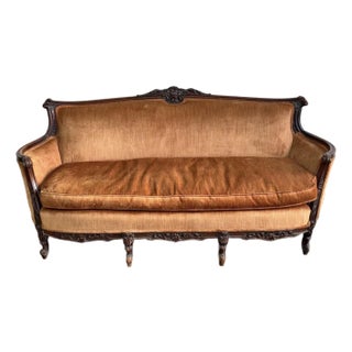 Antique French Louis XV Rococo Revival Carved Walnut Settee in Saffron Velvet, c.1890 For Sale