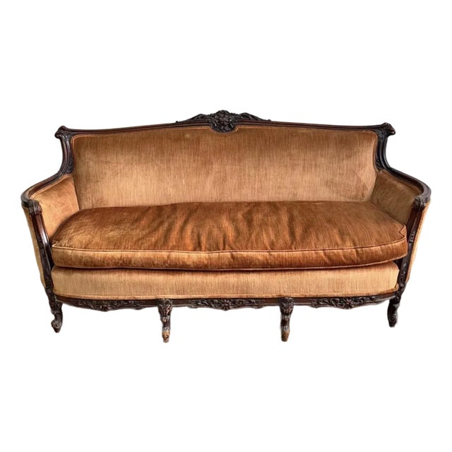 Antique French Louis XV Rococo Revival Carved Walnut Settee in Saffron Velvet, c.1890 For Sale