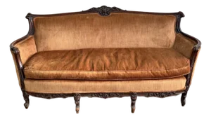 Antique French Louis XV Rococo Revival Carved Walnut Settee in Saffron Velvet, c.1890